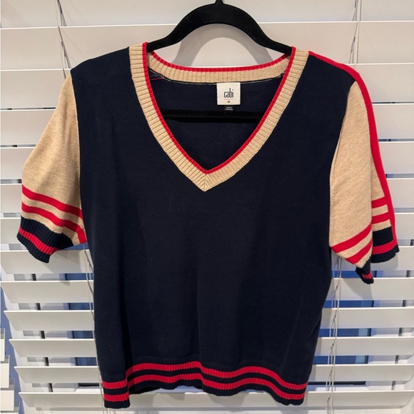 CAbi TV pullover Navy and Red V-Neck Sweater #6171 - Picture 3 of 6